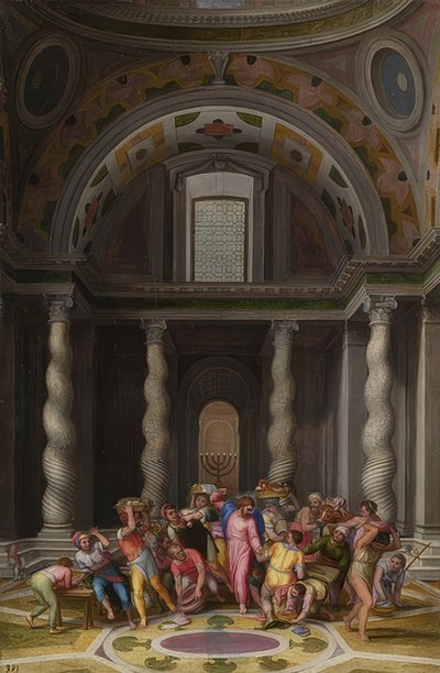 Jézus kiűzi a váltókat a templomból. 1550 után alkotó: Marcello Venusti