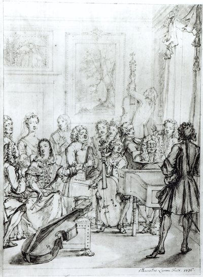 Koncert a Montague House-ban, 1736 (toll és tinta ceruzával papíron) alkotó: Marcellus the Younger Laroon