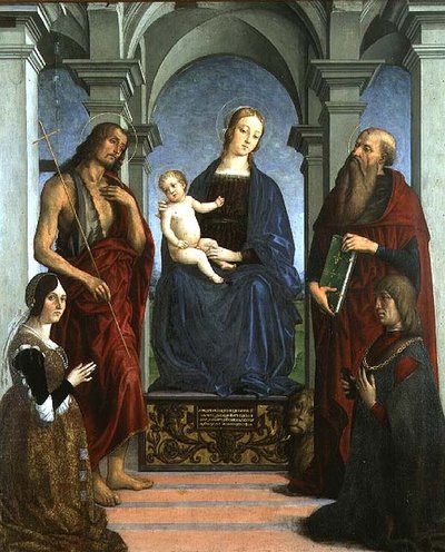 Madonna és gyermek Szent Jeromosszal és Keresztelő Szent Jánossal és adományozókkal (panel) alkotó: Marco (attr. to) Meloni
