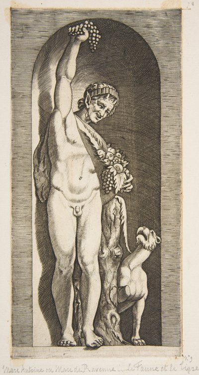 Egy fülkében álló faun jobb kezével egy szőlőfürtöt tart a magasban, és ..., kb. 1515-27. alkotó: Marco Dente