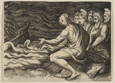 Egy csoport alak a jobb oldalon, akik szemtanúi egy hajótörésnek, kb. 1515-27. alkotó: Marco Dente