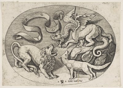 Egymással harcoló oroszlán, sárkány és róka, felül feliratos banderola, ovális c..., kb. 1515-27. alkotó: Marco Dente