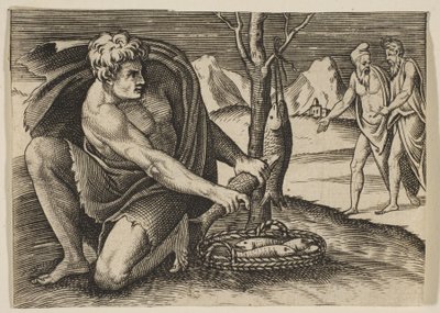 Egy férfi térdel egy kosár hal mellett, és két kézzel veszi az egyiket, két férfi a ..., kb. 1515-27. alkotó: Marco Dente