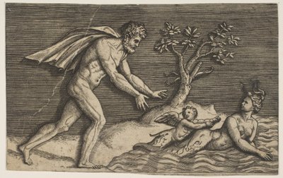 Egy meztelen férfi, aki egy naiádot és egy cupidót a vízbe nyom, kb. 1515-27. alkotó: Marco Dente