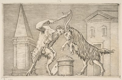 Egy szatír és egy kos egymásra támad, a szatír bottal hadonászik a jobb ha..., kb. 1515-27. alkotó: Marco Dente