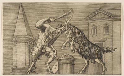 Egy szatír és egy kos egymásra támad, a szatír bottal hadonászik jobbjával ha..., kb. 1515-27. alkotó: Marco Dente