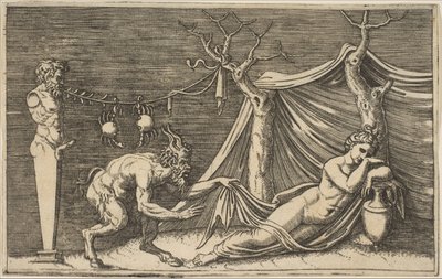 Egy szatír felfedez egy alvó nőt, két rákot lógnak egy kötélen, ami fel van feszítve..., kb. 1515-27. alkotó: Marco Dente