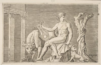 Apolló Admetus nyájait gondozta, Apollón ülve, kezében egy lírával, mellette egy..., kb. 1515-27. alkotó: Marco Dente