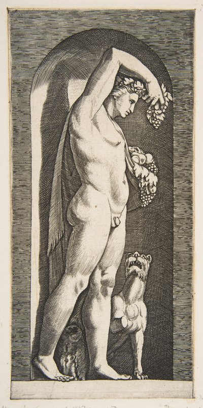 Bacchus egy fülkében áll, felemelt jobb kezében szőlőt, lében gyümölcsöt..., kb. 1515-27. alkotó: Marco Dente
