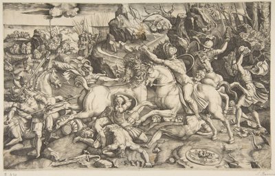 Csatajelenet egy tájon lovas katonákkal és több elesett emberrel, egy másik..., kb. 1520. alkotó: Marco Dente