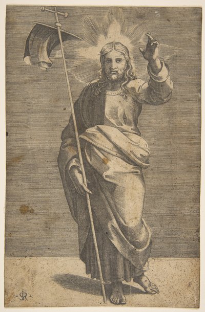 Krisztus arccal előre áll, zászlós keresztet tart és balját felemeli..., kb. 1515-27. alkotó: Marco Dente