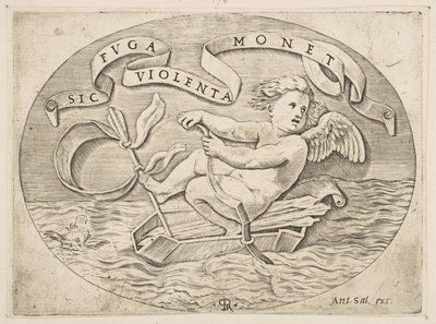 Erósz a tengeren menekülve, Ámor az íjával meghajt egy csónakot, amely a tegez eszéből készült..., kb. 1515-27. alkotó: Marco Dente