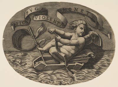 Eros, aki a tengeren menekült az íjjával, hogy meghajtsa a tegezéből készült csónakot..., kb. 1515-27. alkotó: Marco Dente