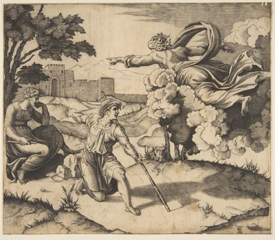 Isten megjelenik Izsáknak, a felhőkben lebegő Isten az alatta ülő Rebecca felé mutat..., kb. 1515-27. alkotó: Marco Dente