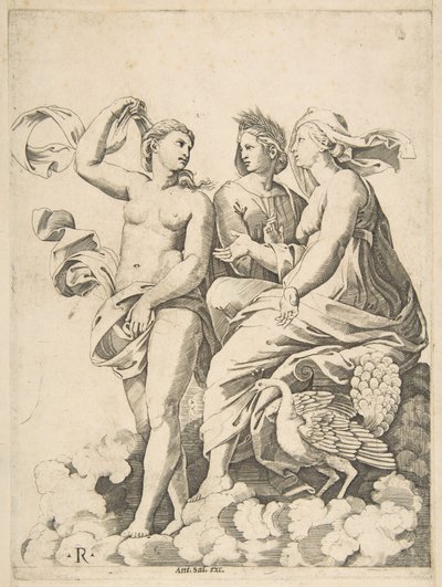 Juno, Ceres és Psyche a felhőkben beszélgetnek, Juno egy páva ül rá..., kb. 1515-27. alkotó: Marco Dente