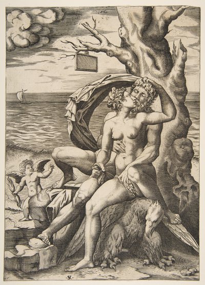 Jupiter és Semele ölelkeznek, alattuk egy sas, jobbra egy fa üres t..., kb. 1515-27. alkotó: Marco Dente