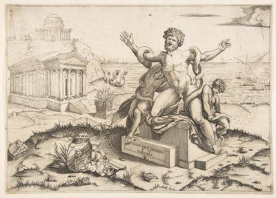 Laocoönt és két fiát kígyók támadják meg egy talapzaton, egy Mi...-i templomban, kb. 1515-27. alkotó: Marco Dente