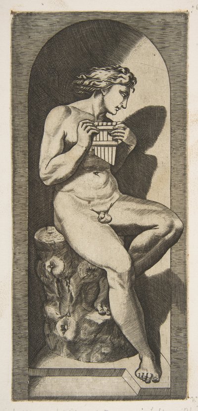 Az Olympus meztelenül egy fatönkön ülve, csöveket tartva, egy fülkében, kb. 1515-27. alkotó: Marco Dente