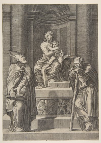 Balra Szent József és jobbra egy püspök áll a Szűz oltára előtt..., kb. 1515-27. alkotó: Marco Dente