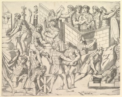 Speculum Romanae Magnificentiae: Római katonák táborukat megerősítve, Traianusból..., 16. század. alkotó: Marco Dente