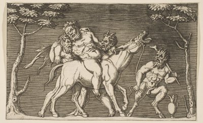 Két szatír, akik Silenust egy háborgó öszvérre helyezik, és egy harmadik szatír jobbra, kb. 1515-27. alkotó: Marco Dente