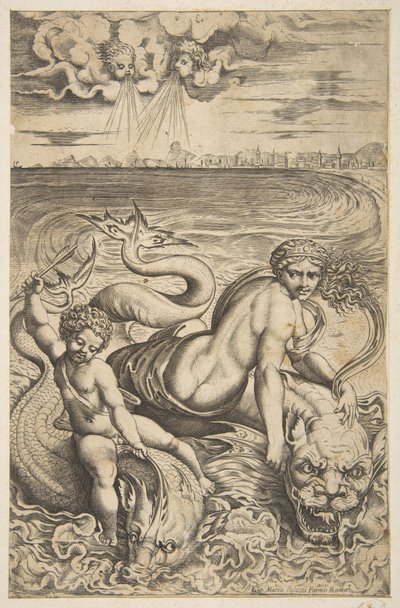Vénusz és Ámor két tengeri szörnyen lovagolnak, Ámor nyilat emel a jobb kezébe, t..., kb. 1515-27. alkotó: Marco Dente