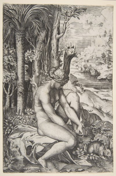 Vénusz tüskét távolít el a bal lábáról, miközben egy ruhán ül a fák mellett, egy ..., kb. 1515-27. alkotó: Marco Dente