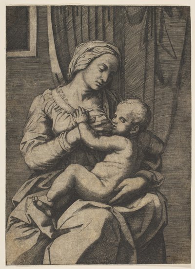 Szűz ölében a kisded Krisztust szoptatja, 1515-20. alkotó: Marco Dente