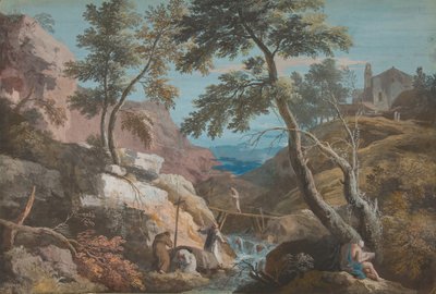 Hegyvidéki táj remetékkel, kb. 1700-1730. alkotó: Marco Ricci