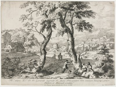 Egy falu képe alakokkal az előtérben, 1723. alkotó: Marco Ricci