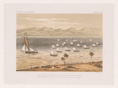 Nossi-Faly királyának elutazása apja temetésére Le départ du Roi de Nossi-Faly au tombeau de son père en société des Voyageurs (...) (cím a tárgyon) François P.L. utazása Pollen Madagaszkárra (sorozat címe) F.P.L. Pollen R.s alkotó: Marcus Jacob Goedkind