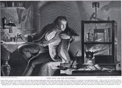 James Watt és a Steam-Engine, illusztráció a „Hutchinson története a brit nemzetről”, 1923 körül alkotó: Marcus Stone