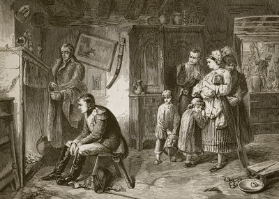 Napóleon egy út menti nyaralóban keres pihenőt a waterlooi veresége után, J. D. Cooper metszetével alkotó: Marcus Stone