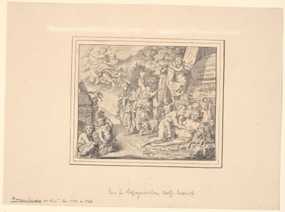 Allegorikus levél a vízbe fulladt Silenusszal és más mitológiai és allegorikus alakokkal egy szarkofágnál, a következő felirattal: "Sepulcrum pudicitiae mortae" alkotó: Marcus Tuscher