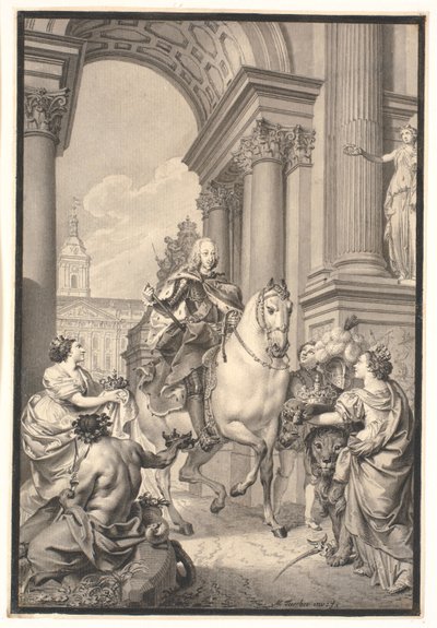 A festmény előkészítése: Dánia és Norvégia tiszteleg Chr. VI (elégett Christiansborggal 1794) alkotó: Marcus Tuscher
