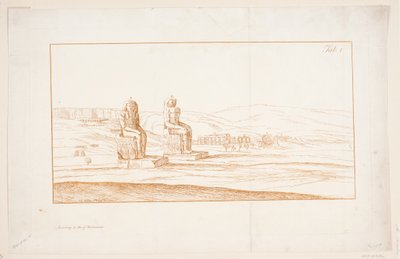 Illusztráció: "Néhány rom és kolosszális szobor rajzai az egyiptomi Thébában, a hírnév beszámolója a Királyi Társaságnak írt levélben", London, 1741 alkotó: Marcus Tuscher