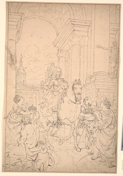 A festmény tervezete: Dánia és Norvégia tiszteleg Chr. VI (elégett Christiansborggal 1794) alkotó: Marcus Tuscher