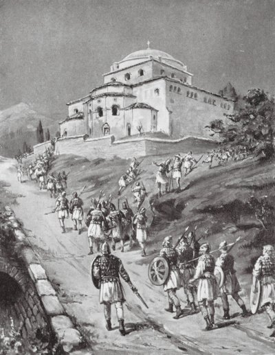 Bizánci csapatok menekülnek a normannok elől (litho) alkotó: Margaret (after) Dovaston