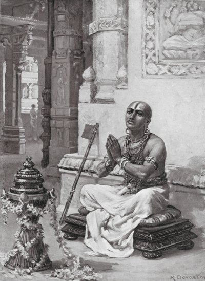 Ramanuja elmélkedik az Egyetlen Személyes Isten filozófiájáról, Kr. u. 1100 (litográfia) alkotó: Margaret (after) Dovaston
