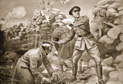 Vickers kapitány sakkban tartja az ellenséget, miközben mögötte gátat építettek (litho) alkotó: Margaret Dovaston