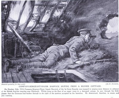 Barwick törzsőrmester egy romos házikóból lövöldözik Ghehuveltnél 1914 október (lithó) alkotó: Margaret Dovaston