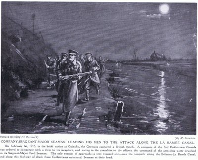 Seaman törzsőrmester a La Basse-csatorna mentén vezeti embereit 1915. február (litho) alkotó: Margaret Dovaston