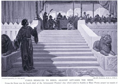 Cyrus elhatározza, hogy fellázad Asztyagész méd ellen Kr. e. 550 (litho) alkotó: Margaret Dovaston
