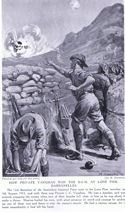 Hogyan nyerte el Vaughan közlegény a kitüntetést Lone Pine-nál a Dardanelláknál 1915 augusztusában (lithó) alkotó: Margaret Dovaston