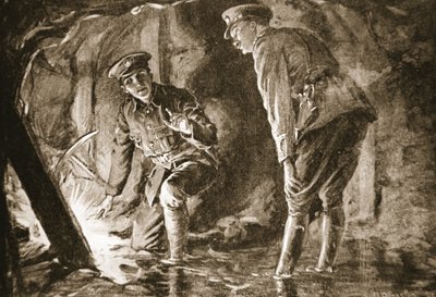 Evason őrvezető és egy tiszt hallgatja a németeket egy aknavetőben (litho) alkotó: Margaret Dovaston