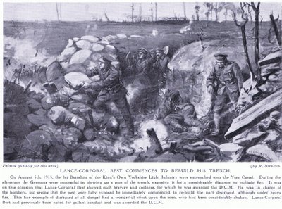 Best őrvezető kitüntetést kapott, amiért 1915 augusztusában heves tűz alatt megkezdte az Yser-csatorna melletti lövészárok újjáépítését (lithó). alkotó: Margaret Dovaston