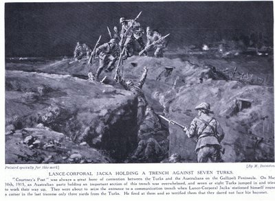 Jacka őrvezető VC-t nyer azzal, hogy megmutatja, hogyan győzhet le egy ember hetet 1915. május (lithó) alkotó: Margaret Dovaston
