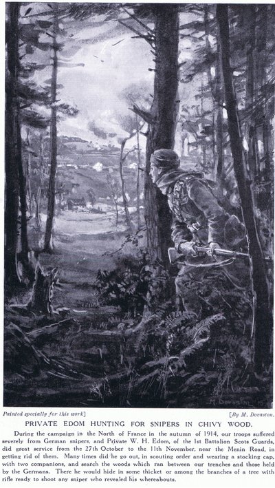Edom közlegény mesterlövészekre vadászik a Chivy erdőben, 1914 őszén (lithó) alkotó: Margaret Dovaston