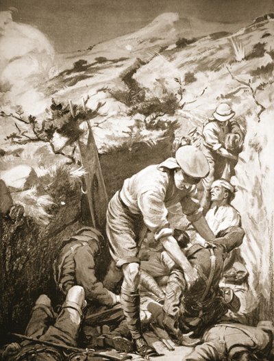 Druall és Smith közlegények eltakarítják a sebesülteket egy védtelen és erős tűznek kitett facsemetéről (litho) alkotó: Margaret Dovaston