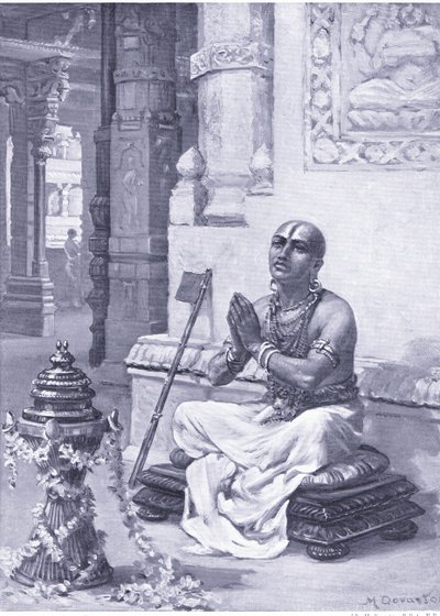 Ramanuja elmélkedik az egy személyes Istenről szóló filozófiájáról Kr. u. 1100 (litó) alkotó: Margaret Dovaston